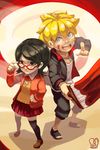  1girl adjusting_eyewear black_eyes black_hair blonde_hair blue_eyes facial_mark glasses hand_on_hip highres jacket looking_at_viewer naruto naruto_(series) open_mouth paint paintbrush red-framed_eyewear sa-dui sweater trim_brush uchiha_sarada uzumaki_boruto 