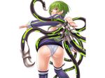  1girl android ange_(taimanin_asagi) from_below green_hair nobushito_kuro red_eyes short_hair simple_background taimanin_asagi taimanin_asagi_battle_arena tentacle white_background 