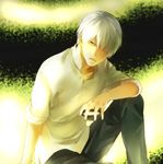  bad_id bad_pixiv_id cup ginko hair_over_one_eye kanameyura lowres male_focus mushishi sakazuki solo white_hair 