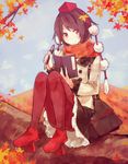  bag black_hair contemporary geta hat in_tree leaf looking_at_viewer notebook pantyhose pen red_hair red_legwear scarf shameimaru_aya shiroshi_(denpa_eshidan) shoulder_bag sitting sitting_in_tree skirt smile solo tengu-geta tokin_hat touhou tree 