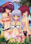  ;) absurdres adjusting_clothes adjusting_swimsuit angel_beats! ass beach belt bikini black_bikini blue_hair breasts cleavage clothes_writing covered_nipples criss-cross_halter day green_eyes hairband halter_top halterneck highres huge_filesize iwasawa large_breasts medium_breasts multiple_girls na-ga navel ocean official_art one_eye_closed orange_bikini purple_hair red_eyes red_hair sand sarong sarong_lift scan small_breasts smile swimsuit tenshi_(angel_beats!) white_bikini yellow_eyes yuri_(angel_beats!) 