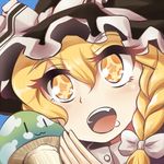  1girl :d blonde_hair bow braid fuente hair_bow hat kirisame_marisa long_hair lowres mushroom open_mouth ribbon smile solo star star-shaped_pupils symbol-shaped_pupils touhou witch_hat yellow_eyes 