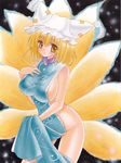  blonde_hair blush breasts fox_tail hand_on_own_chest hat highres large_breasts looking_at_viewer multiple_tails naked_tabard no_bra no_panties pillow_hat pom77 short_hair sideboob solo tabard tail touhou traditional_media yakumo_ran yellow_eyes 