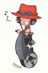  1boy artist_name chibi freckles hat jewelry musical_note nanako_(skr7k) necklace one_piece portgas_d_ace shorts solo standing topless vehicle whistle 