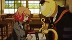  1girl animated animated_gif ansatsu_kyoushitsu grin knife koro-sensei kurahashi_hinano lowres robe smile tassel tentacle vest yellow_skin 
