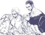  3boys carrying donquixote_doflamingo donquixote_pirates eyes_closed glass monochrome multiple_boys one_piece open_clothes open_shirt puchiri shirt sick sideburns smile sunglasses trafalgar_law vergo younger 