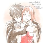  1girl bandages black_hair blush closed_eyes haruno_sakura hug hug_from_behind naruto naruto_(series) pink_hair rikoko short_hair tears uchiha_sasuke 