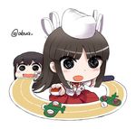  :d abua aircraft airplane akagi_(kantai_collection) black_eyes black_hair bow brown_hair chibi conveyor_belt_sushi drooling flight_deck food gunkanmaki hair_bow hair_ribbon hat hiyou_(kantai_collection) holding kantai_collection long_hair magatama makizushi multiple_girls nigirizushi open_mouth ribbon scroll smile sushi 