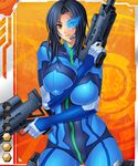  asagiri big_breasts blue_hair bodysuit breasts brown_eyes eo_orion gun huge_breasts rifle taimanin_asagi taimanin_asagi_battle_arena visor weapon 