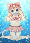  animal_ears bare_legs barefoot blue_eyes bow brown_hair cat_ears cat_tail fish hair_bow hair_ribbon looking_at_viewer mouth_hold navel original paw_pose pleated_skirt ribbon riria_(happy_strawberry) skirt solo swimsuit tail underwater 