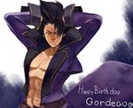  abs artist_request black_hair character_name fabulous gordeau hands_in_hair happy_birthday high_collar highres long_coat male_focus one_eye_closed pectorals shirtless solo under_night_in-birth 