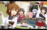  &gt;:) &gt;_&lt; :3 ahoge akagi_(kantai_collection) blue_eyes blush blush_stickers bowl brown_eyes brown_hair closed_eyes crescent crescent_hair_ornament eyepatch folded_ponytail futon hair_dryer hair_ornament hakama_skirt haribote_(tarao) hat headgear hiei_(kantai_collection) highres i-58_(kantai_collection) inazuma_(kantai_collection) kantai_collection kappougi long_hair magatama multiple_girls muneate open_mouth purple_hair revision ribbon-trimmed_sleeves ribbon_trim rice rice_bowl rice_spoon ryuujou_(kantai_collection) school_uniform serafuku short_hair skirt smile tenryuu_(kantai_collection) thighhighs torpedo twintails v-shaped_eyebrows visor_cap wavy_mouth white_legwear x3 yayoi_(kantai_collection) yellow_eyes 