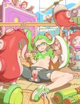  anus bangs bdsm bike_shorts blunt_bangs bondage bound breasts cervix domino_mask green_eyes green_hair green_shirt headphones highres inkling long_hair mask navel nipples octarian octotrooper open_mouth pussy rope shirt shoes short_hair_with_long_locks shorts sidelocks sitting small_breasts sneakers solo splatoon_(series) splatoon_1 spread_legs squid super_soaker tenako_(mugu77) tentacle_hair torn_clothes torn_shorts urethra 