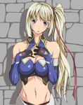  :o bare_shoulders blonde_hair blue_eyes blue_gloves breast_suppress breasts cleavage elbow_gloves gloves large_breasts limalisha long_hair looking_at_viewer madan_no_ou_to_vanadis midriff navel ozaneko side_ponytail solo 