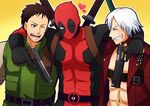  arm_around_shoulder black_eyes brown_hair capcom chris_redfield closed_eyes crossover dante_(devil_may_cry) deadpool devil_may_cry dual_wielding fang gloves gun handgun heart holding male_focus marvel marvel_vs._capcom marvel_vs._capcom_3 mask multiple_boys one_eye_closed pistol resident_evil sword weapon white_hair 