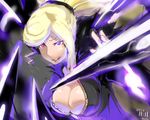  artist_name artist_request blonde_hair bodysuit breasts center_opening cleavage dated floating_swords heterochromia hilda_(under_night_in-birth) large_breasts long_hair purple_eyes red_eyes solo under_night_in-birth unzipped 