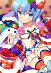  blue_eyes blue_hair flower food from_above fruit grapes hair_ornament looking_at_viewer navel ninomoto original pleated_skirt rose short_hair sitting skirt smile solo strawberry thighhighs zettai_ryouiki 