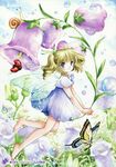  absurdres barefoot blonde_hair blue_eyes bug butterfly dew_drop dress fairy flower highres insect legs long_hair minigirl original shiitake_(gensoudou) smile snail solo twintails water_drop 