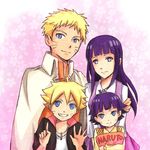  2girls ahoge blonde_hair blue_eyes cape family grin hand_on_another's_shoulder hyuuga_hinata jacket long_hair looking_at_viewer multiple_boys multiple_girls naruto naruto_(series) pink_background purple_eyes purple_hair short_hair smile spoilers syuna uzumaki_boruto uzumaki_himawari uzumaki_naruto 