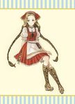  86_(pixiv) apron atelier_(series) atelier_ayesha bad_id bad_pixiv_id bandana boots braid brown_hair dress full_body grey_eyes highres knee_boots long_hair nanaca_grunden puffy_sleeves red_dress smile solo twin_braids twintails very_long_hair 