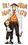  blonde_hair blue_eyes engiyoshi father_and_son hat jewelry male_focus multiple_boys naruto naruto_(series) pendant petting smile translated uzumaki_boruto uzumaki_naruto 