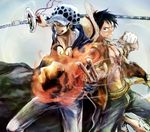  2boys black_hair clenched_hand fighting_stance fist hat monkey_d_luffy multiple_boys nodachi one_piece open_clothes open_shirt puchiri rubber shirt sword tattoo trafalgar_law weapon 