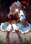  boots bow brown_hair frills hair_bow hair_ribbon hairband head_tilt highres long_hair looking_at_viewer nana_kusun original red_eyes ribbon sitting solo suitcase 