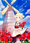  biskekun blonde_hair blue_eyes braid carrying cloud day european_clothes flower headwear long_hair looking_at_viewer low_twintails netherlands original sky smile solo traditional_clothes tulip twin_braids twintails wind windmill 