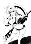  bikini_top breasts cleavage fingerless_gloves gloves greyscale gun hair_ornament highres kazuchi large_breasts long_hair monochrome navel ponytail rifle scarf short_shorts shorts skull_hair_ornament smile solo tengen_toppa_gurren_lagann thighhighs weapon yoko_littner 