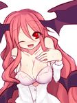  ;d bare_shoulders blush bra breasts cleavage collarbone demon_girl demon_wings fang full-face_blush head_wings koakuma kuresento large_breasts lipstick long_hair long_sleeves looking_at_viewer makeup nail_polish off_shoulder one_eye_closed open_clothes open_mouth open_shirt pink_bra pink_lipstick pink_nails red_eyes red_hair shirt simple_background smile solo strap_slip sweat touhou underwear upper_body very_long_hair white_background wings 