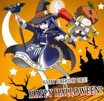  armor blonde_hair blue_eyes blue_hair candle cape dress halloween halloween_costume happy_birthday happy_halloween hat high_collar jack-o'-lantern long_hair low-tied_long_hair minigirl multiple_girls orie_(under_night_in-birth) staff thanatos_(under_night_in-birth) under_night_in-birth wagatsuma_takehiko witch_hat 