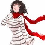  adjusting_scarf black_hair blue_eyes blush breasts cleavage dress fang large_breasts looking_at_viewer nauribon open_mouth original red_scarf scarf shirt short_dress short_hair simple_background smile solo striped striped_dress striped_shirt white_background yokoshima_bodako 