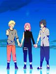  1girl 2boys amputee artist_request bruise eyes_closed facial_mark fishnets forehead_mark hand_holding haruno_sakura injury multiple_boys naruto reflection smile spoilers torn_clothes torn_sleeves uchiha_sasuke uzumaki_naruto whiskers wristband 