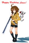  ahoge artist_request bike_shorts boots brown_hair dragon dual_wielding familiar flat_chest happy_birthday highres holding hood hoodie huge_ahoge knee_boots knife kuu_(under_night_in-birth) linne orange_shirt red_eyes reverse_grip shirt short_hair solo sword under_night_in-birth weapon 