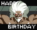  beard dark_skin dark_skinned_male dated eyebrows facial_hair grin happy_birthday male_focus muscle no_pupils official_art pixel_art red_eyes shirtless smile solo thick_eyebrows under_night_in-birth waldstein white_hair 