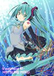  black_legwear cable character_name copyright_name detached_sleeves green_eyes green_hair hair_ornament hatsune_miku headset long_hair looking_at_viewer necktie pleated_skirt plug skirt smile solo thighhighs twintails umino_tomo vocaloid zettai_ryouiki 