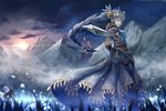  aozarigani armor armored_dress bad_id bad_pixiv_id blue_armor braid dress grey_eyes grey_hair helmet lenneth_valkyrie long_hair mountain solo sword valkyrie_profile weapon white_dress 