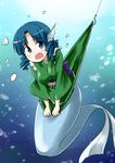  blue_eyes blue_hair covering covering_crotch fishing_hook fishing_line head_fins japanese_clothes kimono kousei_(public_planet) mermaid monster_girl obi open_mouth sash skirt skirt_lift solo touhou underwater wakasagihime 