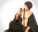  1boy akagami_no_shirayukihime black_hair male male_focus mouth_hold obi_(akagami_no_shirayukihime) obi_(ans) open_clothes open_mouth scars_removed sitting solo 