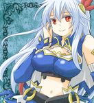  artist_name bad_id bad_pixiv_id bare_shoulders breasts cleavage_cutout detached_sleeves eleonora_viltaria hair_ornament large_breasts long_hair madan_no_ou_to_vanadis midriff navel red_eyes rito2 silver_hair smile solo 