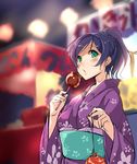  absurdres ajishio blush candy_apple festival food green_eyes highres japanese_clothes kimono lantern love_live! love_live!_school_idol_project ponytail purple_hair solo toujou_nozomi water_yoyo 