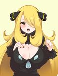  blonde_hair blush breasts chorimokki cleavage hair_ornament hair_over_one_eye hand_on_own_chest large_breasts long_hair looking_at_viewer open_mouth pokemon pokemon_(game) pokemon_dppt shirona_(pokemon) solo 