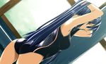  adjusting_hair bad_id bad_pixiv_id blue_hair competition_swimsuit dutch_angle eiyuu_densetsu from_behind laura_s._arzeid long_hair looking_back one-piece_swimsuit ponytail sen_no_kiseki shikei solo swimsuit yellow_eyes 