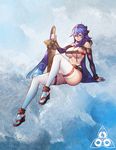  beltbra blue_eyes blue_hair breasts elbow_gloves gen_6_pokemon gloves high_heels highres honedge large_breasts long_hair long_legs personification pokemon ryushin scarf sitting solo sword thighhighs underboob weapon 