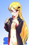  blonde_hair blush book breasts game_console glasses hair_ornament hairclip highres long_hair medium_breasts mochizuki_kazuto naked_coat navel no_bra no_panties open_clothes personification red_eyes sega_hard_girls sega_mega_drive sega_mega_drive_(sega_hard_girls) semi-rimless_eyewear sideboob solo sweatdrop under-rim_eyewear very_long_hair 