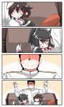  0_0 1boy 2girls 4koma :d animal_ears arms_up azur_lane bangs black_hair black_shirt black_skirt blush_stickers brown_hair chibi comic commentary_request couch eyebrows_visible_through_hair faceless faceless_male gloves hair_between_eyes hair_flaps hair_ornament high_ponytail highres jacket kantai_collection long_sleeves military_jacket multiple_girls namesake on_couch open_mouth parted_lips pillow pleated_skirt ponytail shigure_(azur_lane) shigure_(kantai_collection) shirt short_sleeves silent_comic sitting skirt smile tail white_gloves white_jacket wolf_ears wolf_girl wolf_tail wristband yagami_kamiya 