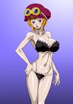  1girl bare_shoulders black_eyes blush bra breasts cleavage gloves goggles hand_on_hip hat highres koala_(one_piece) large_breasts legs looking_at_viewer navel nel-zel_formula one_piece open_mouth orange_hair panties short_hair simple_background solo standing thighs underwear 