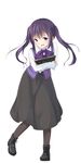  bow full_body gochuumon_wa_usagi_desu_ka? hair_ornament hairclip long_hair long_skirt long_sleeves looking_at_viewer menu open_mouth pantyhose purple_eyes purple_hair rabbit_house_uniform skirt solo suke_(momijigari) tedeza_rize twintails waitress white_background 