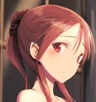  alternate_hairstyle bare_shoulders blush face long_hair lowres minna-dietlinde_wilcke ponytail red_eyes red_hair scrunchie shimada_fumikane smile solo strike_witches world_witches_series 