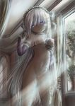  1girl areolae bottomless breasts detached_sleeves long_hair navel purple_eyes pussy rou271 rou_(artist) uncensored white_hair 